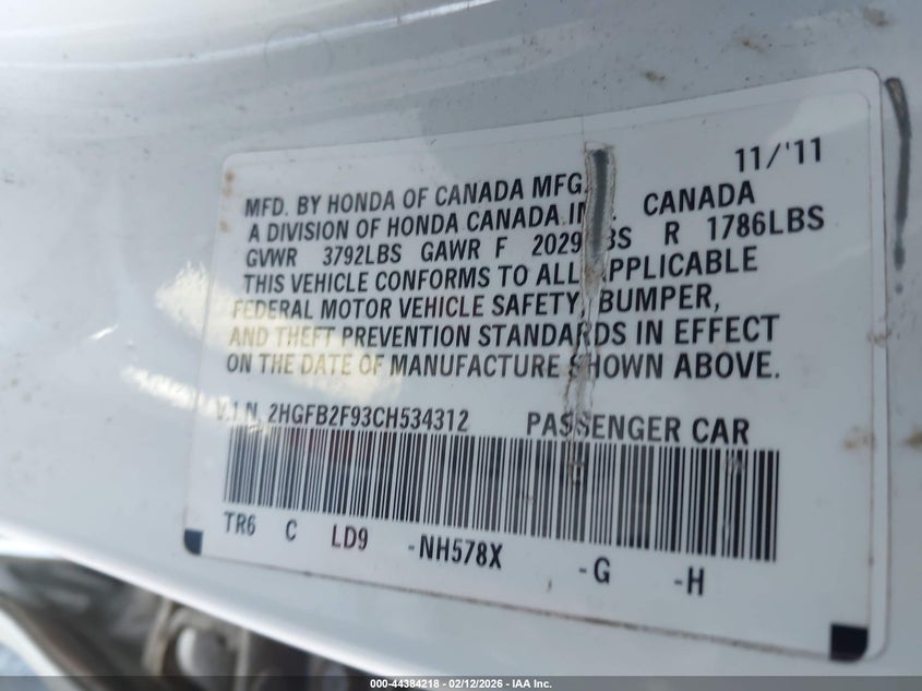 2HGFB2F93CH534312 2012 Honda Civic 1.8 Ex-L white