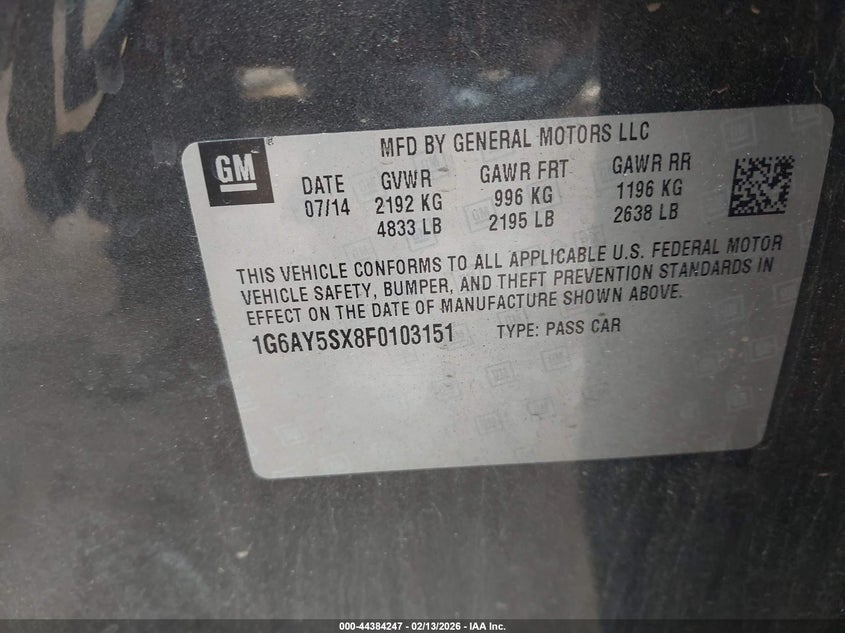 2015 Cadillac Cts Performance VIN: 1G6AY5SX8F0103151 Lot: 44384247