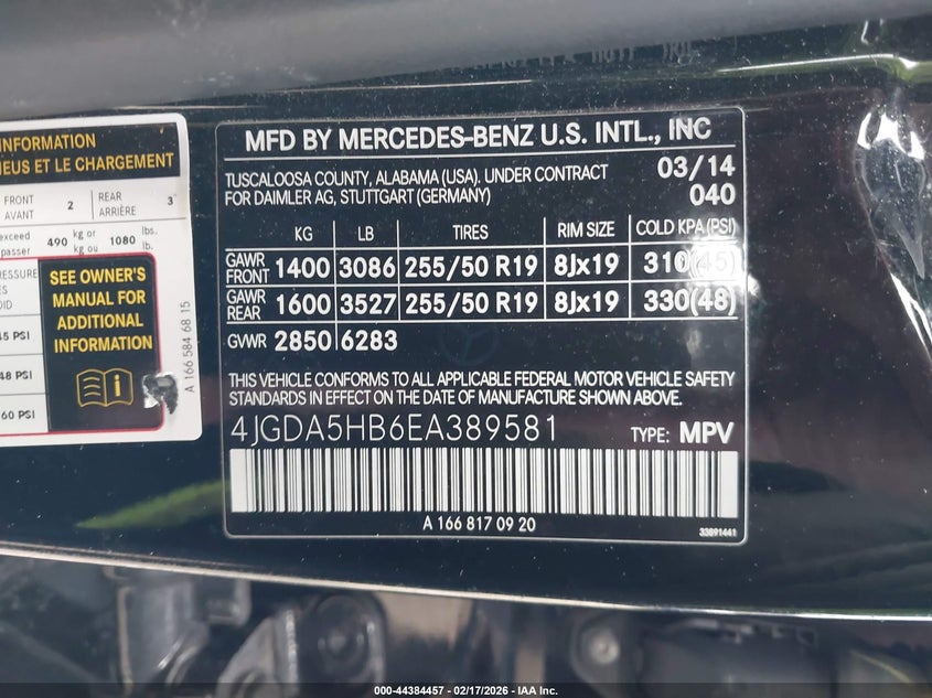 2014 Mercedes-Benz Ml 350 4Matic VIN: 4JGDA5HB6EA389581 Lot: 44384457