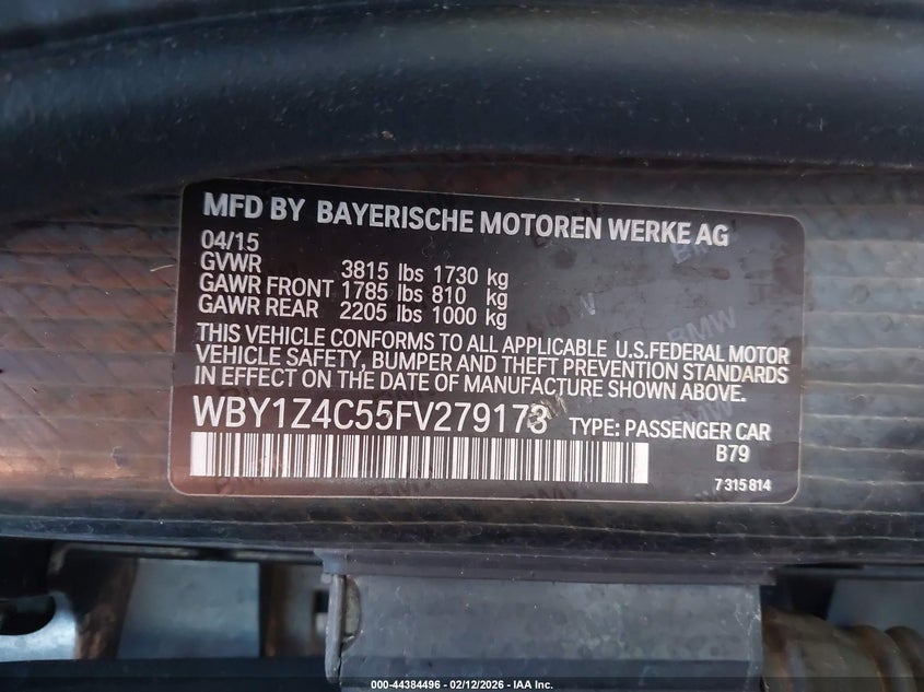2015 BMW I3 Base W/Range Extender VIN: WBY1Z4C55FV279173 Lot: 44384496