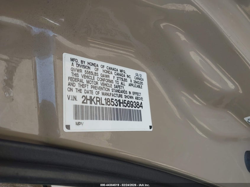 2001 Honda Odyssey Lx VIN: 2HKRL18531H569384 Lot: 44384519
