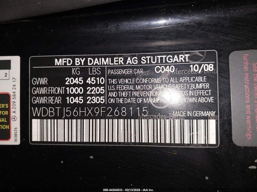 2009 Mercedes-Benz Clk 350 VIN: WDBTJ56HX9F268115 Lot: 44384533