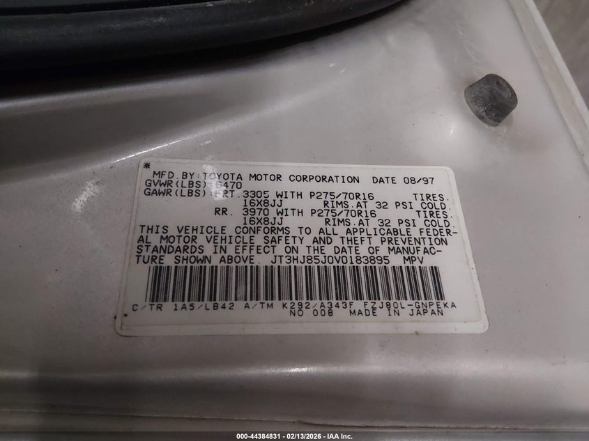 1997 Toyota Land Cruiser VIN: JT3HJ85J0V0183895 Lot: 44384831