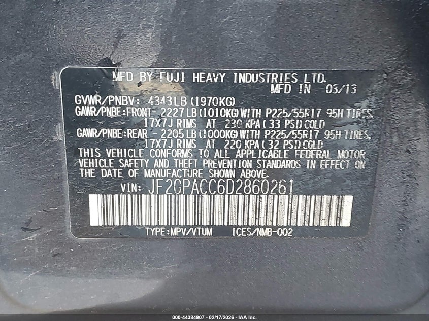 2013 Subaru Xv Crosstrek 2.0I Premium VIN: JF2GPACC6D2860261 Lot: 44384907