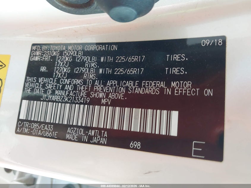 2019 Lexus Nx 300 VIN: JTJYARBZ3K2133419 Lot: 44385044