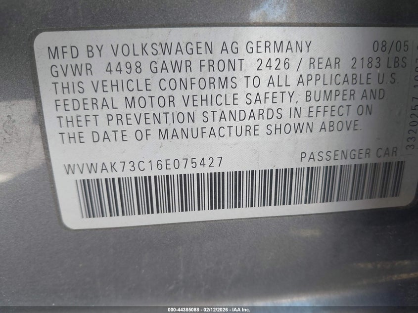 2006 Volkswagen Passat 2.0T VIN: WVWAK73C16E075427 Lot: 44385088