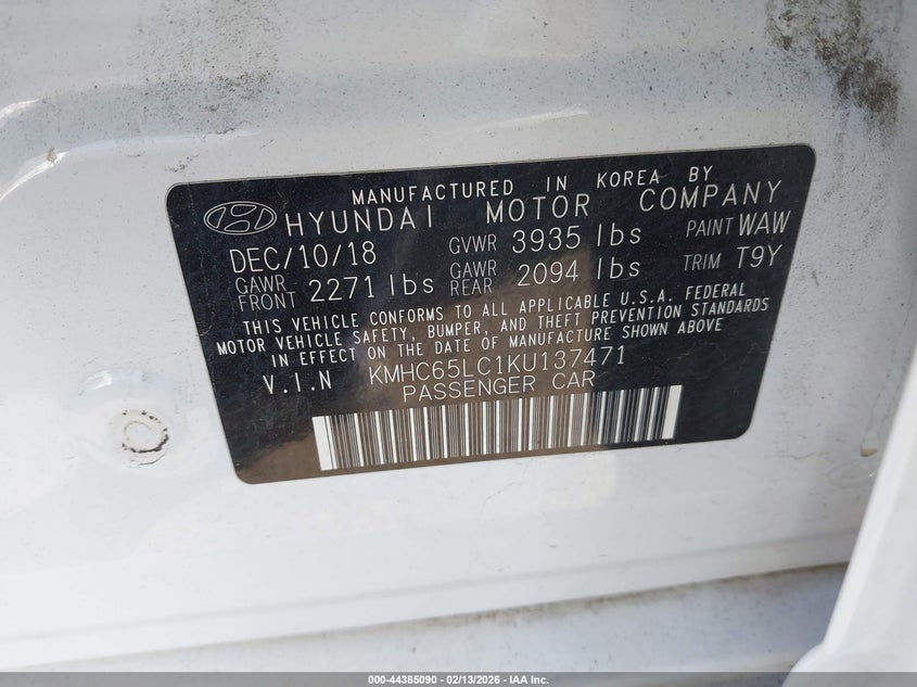 VIN KMHC65LC1KU137471 2019 HYUNDAI IONIQ HYBRID BLUE