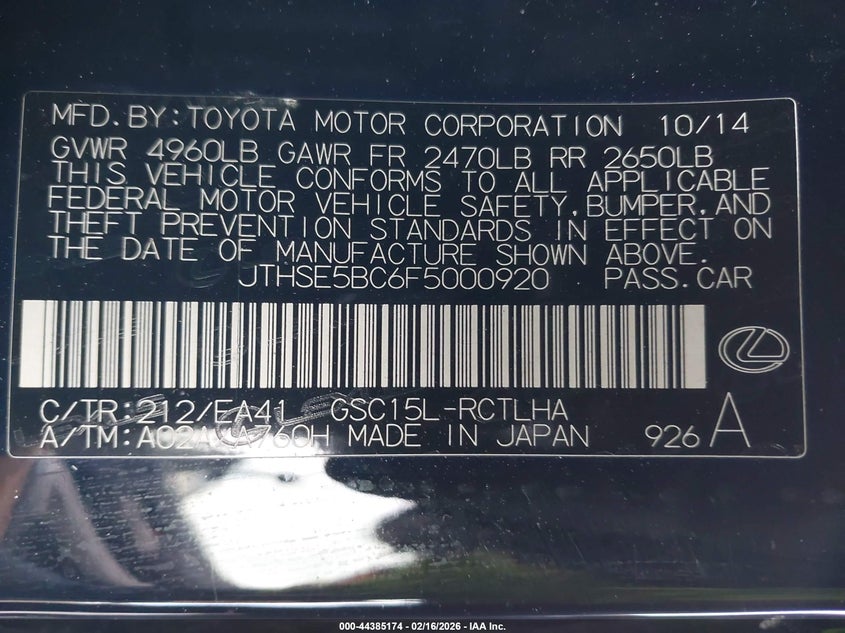 2015 Lexus Rc 350 VIN: JTHSE5BC6F5000920 Lot: 44385174