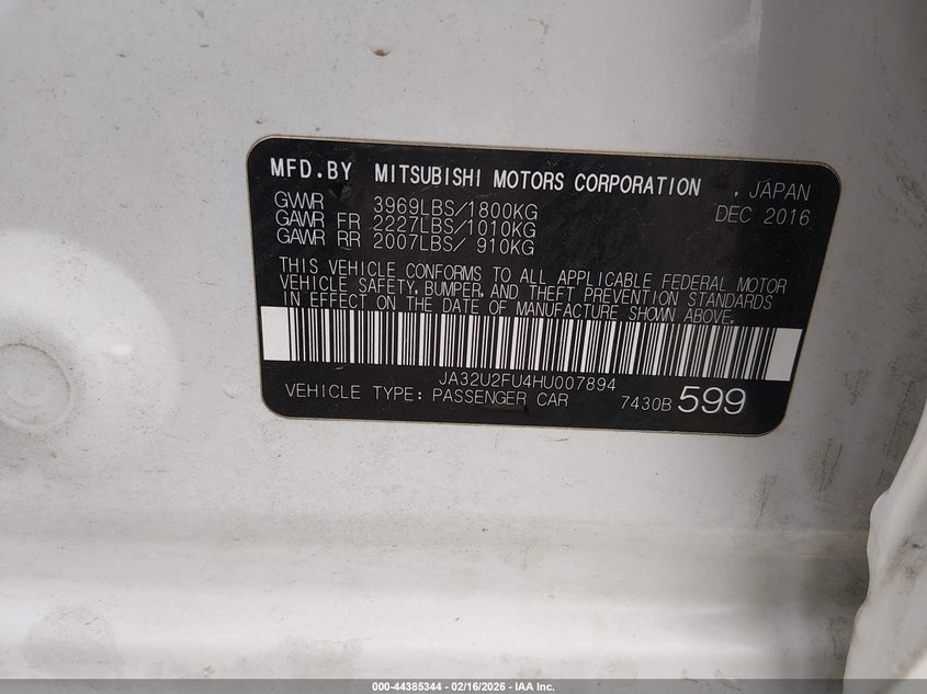 2017 Mitsubishi Lancer Es VIN: JA32U2FU4HU007894 Lot: 44385344