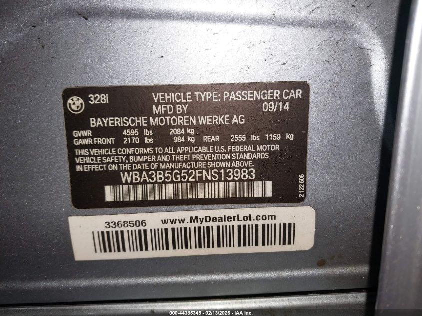 2015 BMW 328I xDrive VIN: WBA3B5G52FNS13983 Lot: 44385345