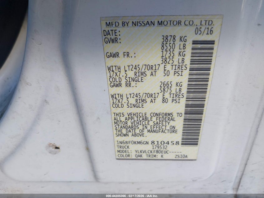 2016 Nissan Nv Cargo Nv1500 S V6 VIN: 1N6BF0KM6GN810458 Lot: 44385366