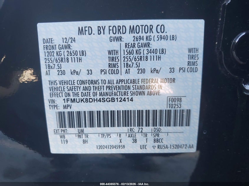 2025 Ford Explorer Active VIN: 1FMUK8DH4SGB12414 Lot: 44385376