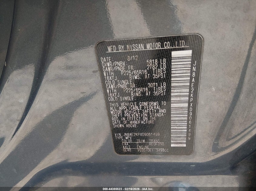 2013 Nissan Quest Sv VIN: JN8AE2KPXD9061499 Lot: 44385523