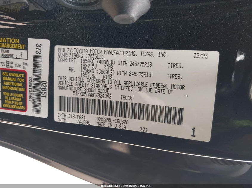 2023 Toyota Tundra Sr VIN: 5TFKB5AA0PX024842 Lot: 44385543