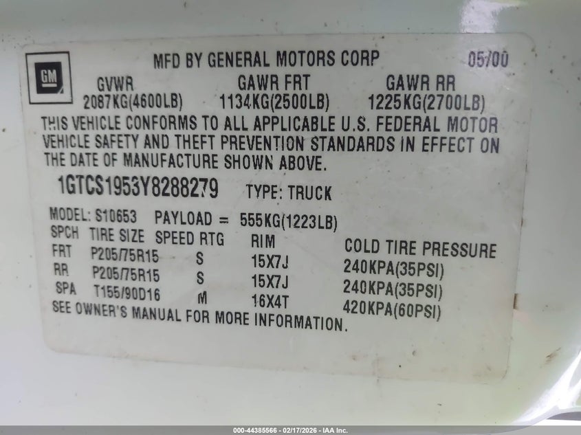 2000 GMC Sonoma Sls VIN: 1GTCS1953Y8288279 Lot: 44385566