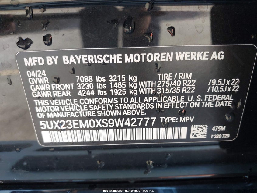 2025 BMW X7 xDrive40I VIN: 5UX23EM0XS9W42777 Lot: 44385620