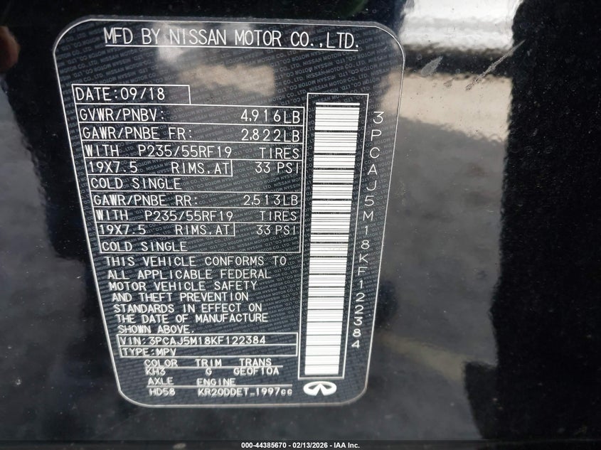 2019 Infiniti Qx50 Essential VIN: 3PCAJ5M18KF122384 Lot: 44385670