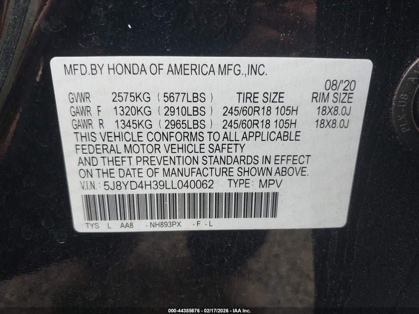 2020 Acura Mdx Standard VIN: 5J8YD4H39LL040062 Lot: 44385676