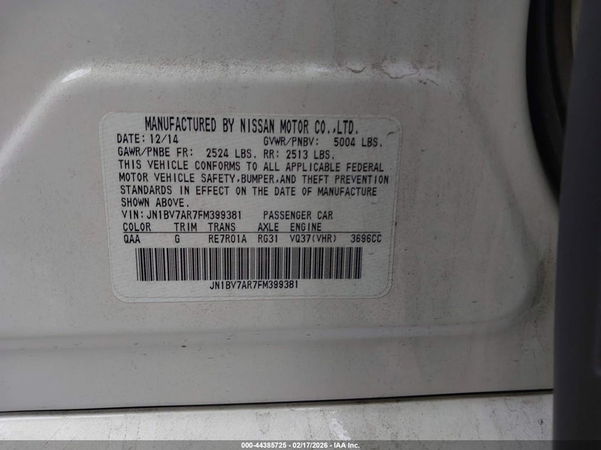 2015 Infiniti Q50 Premium VIN: JN1BV7AR7FM399381 Lot: 44385725