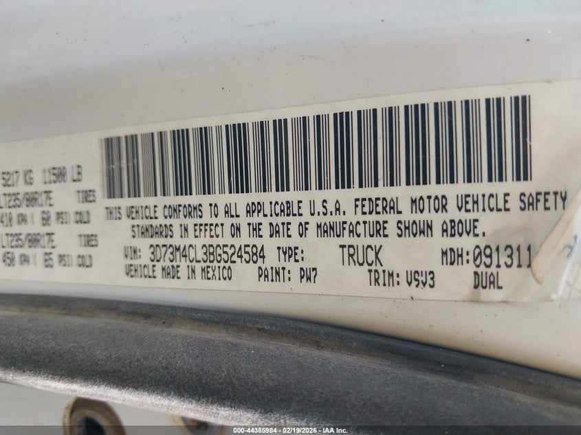 2011 Ram Ram 3500 St VIN: 3D73M4CL3BG524584 Lot: 44385984