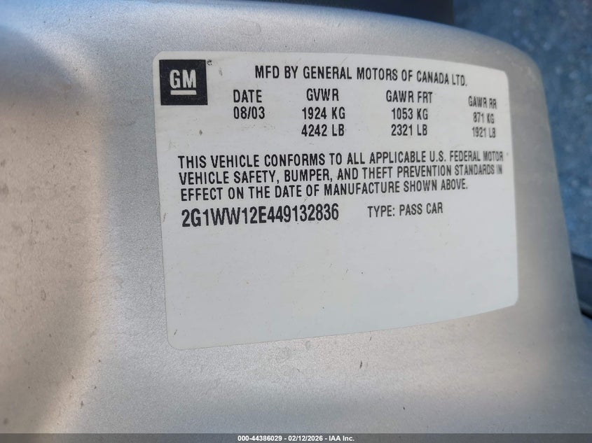 2004 Chevrolet Monte Carlo Ls VIN: 2G1WW12E449132836 Lot: 44386029