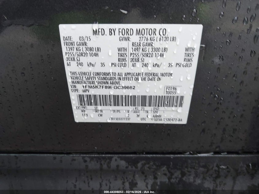 2015 Ford Explorer Limited VIN: 1FM5K7F89FGC39662 Lot: 44386053