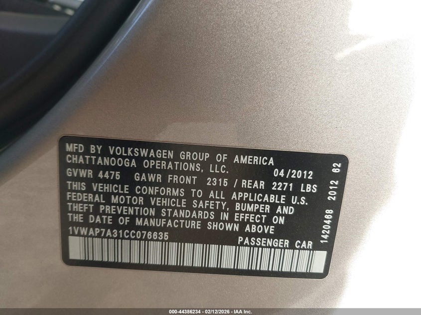 2012 Volkswagen Passat 2.5 2.5L S grey Lot 111044386234 Vin 1VWAP7A31CC076635