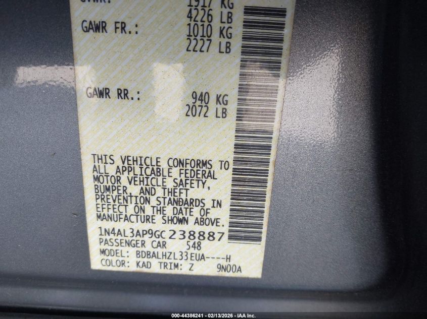 2016 Nissan Altima 2.5 Sr VIN: 1N4AL3AP9GC238887 Lot: 44386241