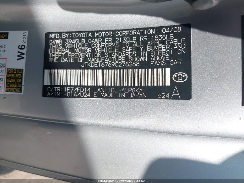 2009 Scion Tc VIN: JTKDE167690278288 Lot: 44386319