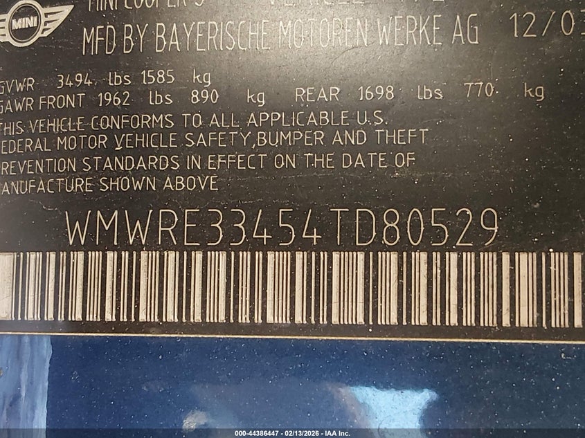 2004 Mini Cooper S VIN: WMWRE33454TD80529 Lot: 44386447