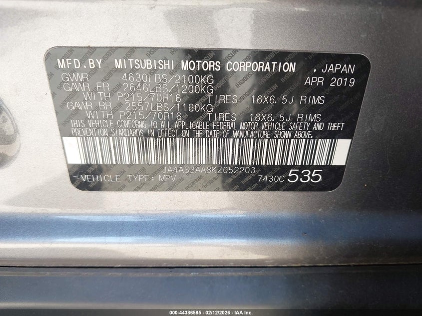 2019 Mitsubishi Eclipse Cross Es VIN: JA4AS3AA8KZ052203 Lot: 44386585