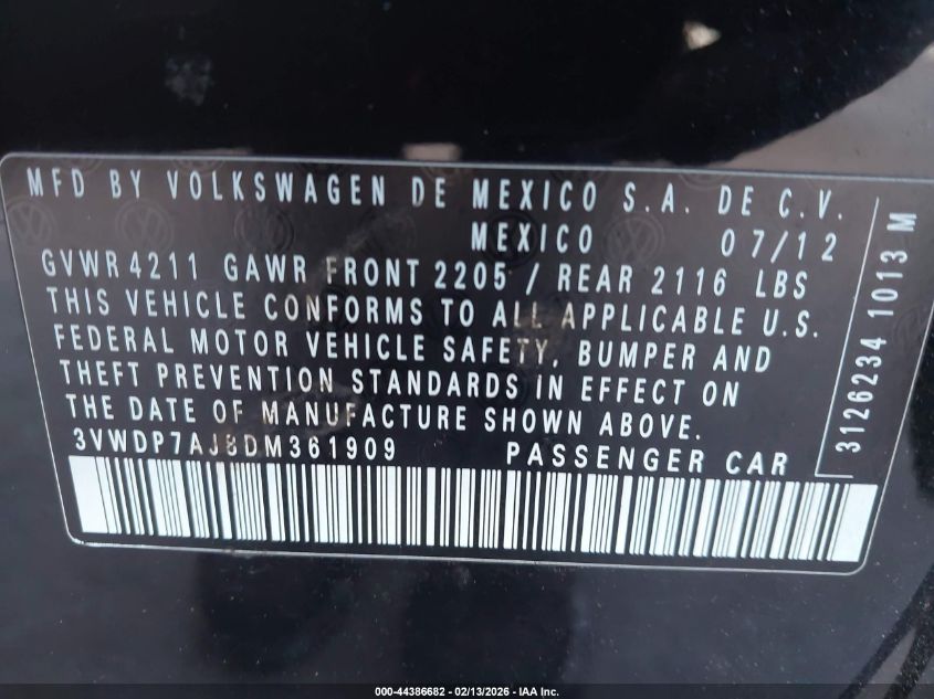 2013 Volkswagen Jetta 2.5L Se VIN: 3VWDP7AJ8DM361909 Lot: 44386682