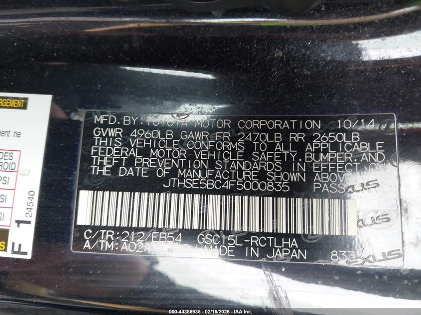 2015 Lexus Rc 350 VIN: JTHSE5BC4F5000835 Lot: 44386935