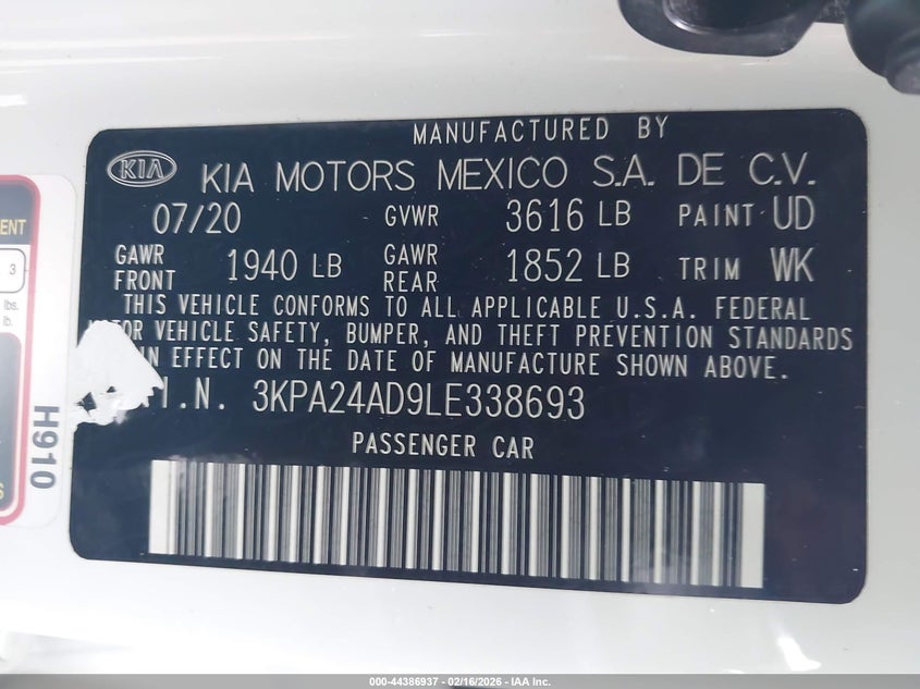 2020 Kia Rio Lx VIN: 3KPA24AD9LE338693 Lot: 44386937