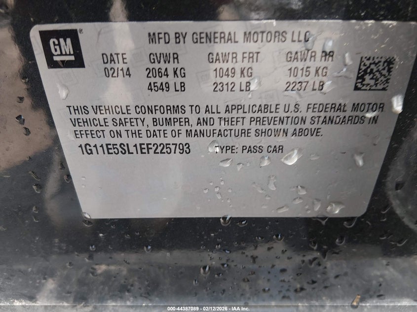 2014 Chevrolet Malibu 2Lt VIN: 1G11E5SL1EF225793 Lot: 44387089