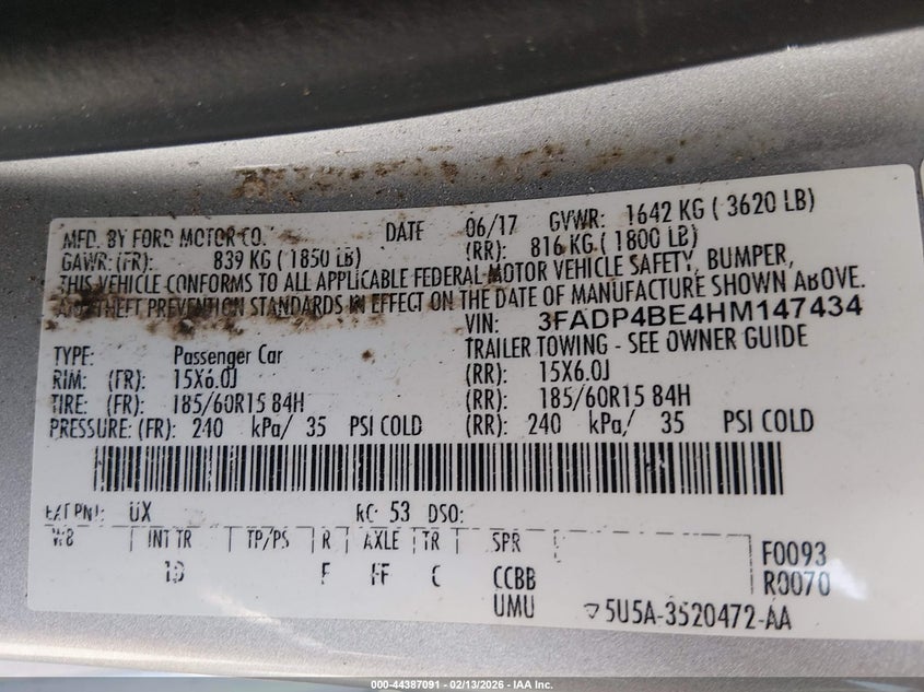2017 Ford Fiesta Se VIN: 3FADP4BE4HM147434 Lot: 44387091