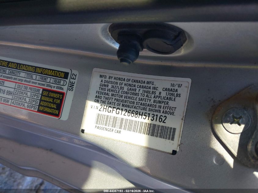 2008 Honda Civic Lx VIN: 2HGFG12668H513162 Lot: 44387193