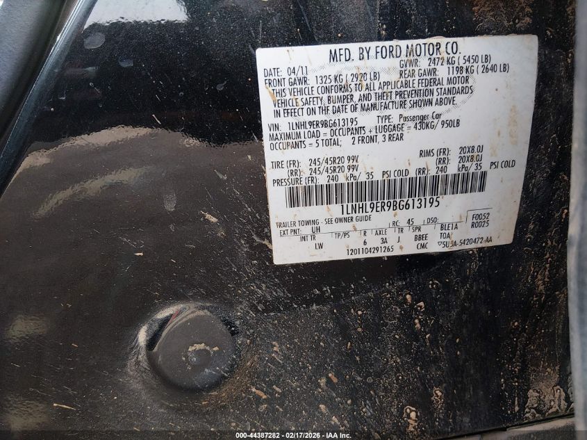 2011 Lincoln Mks VIN: 1LNHL9ER9BG613195 Lot: 44387282