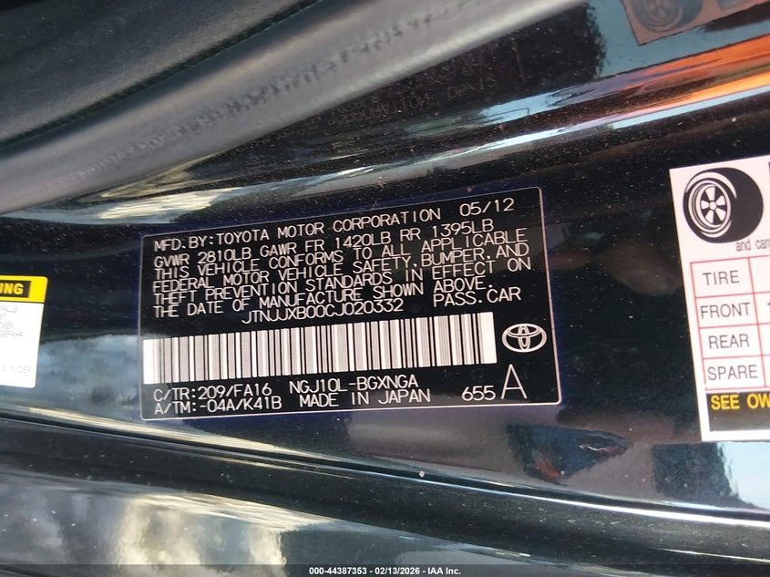 2012 Scion Iq VIN: JTNJJXB00CJ020332 Lot: 44387353