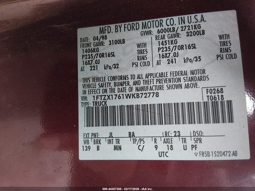 1998 Ford F-150 Lariat/Standard/Xl/Xlt VIN: 1FTZX1761WKB72778 Lot: 44387385