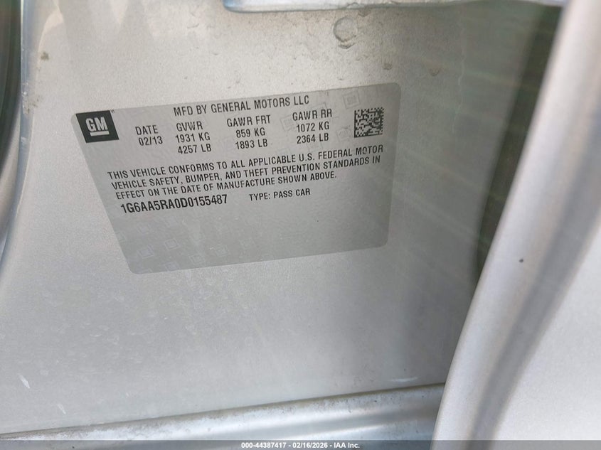 2013 Cadillac Ats Standard VIN: 1G6AA5RA0D0155487 Lot: 44387417