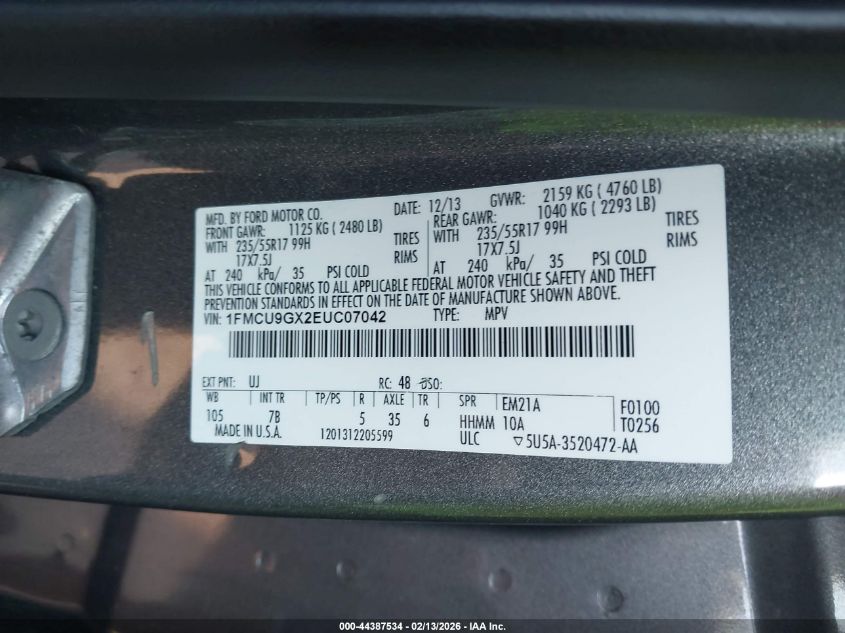 2014 Ford Escape Se VIN: 1FMCU9GX2EUC07042 Lot: 44387534