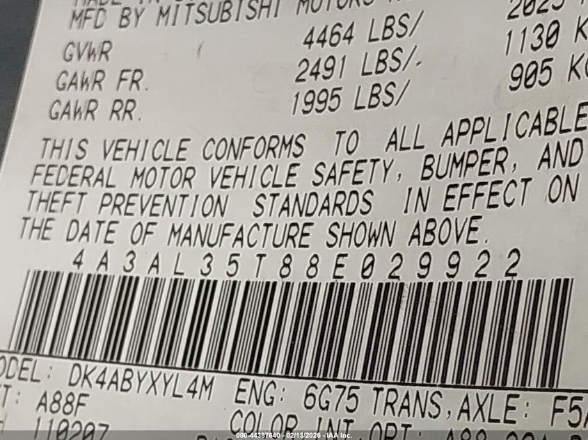 2008 Mitsubishi Eclipse Spyder Gt VIN: 4A3AL35T88E029922 Lot: 44387640