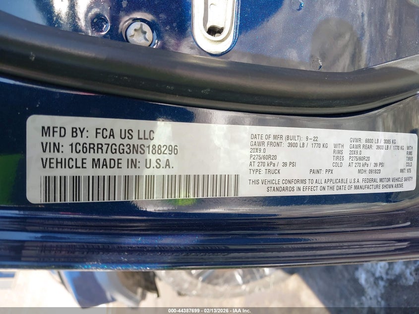 2022 Ram 1500 Classic Warlock 4X4 6'4 Box VIN: 1C6RR7GG3NS188296 Lot: 44387699