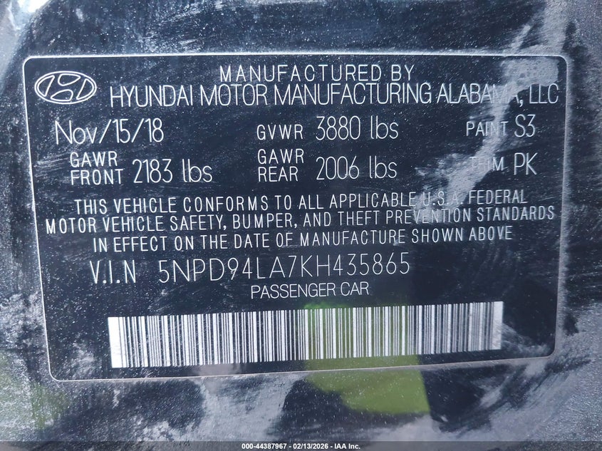 2019 Hyundai Elantra Eco VIN: 5NPD94LA7KH435865 Lot: 44387967