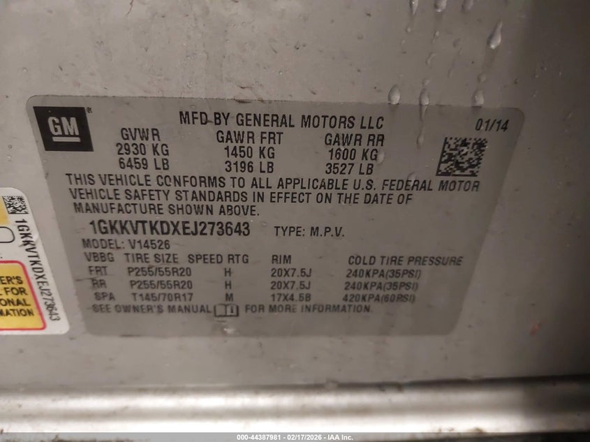 2014 GMC Acadia Denali VIN: 1GKKVTKDXEJ273643 Lot: 44387981