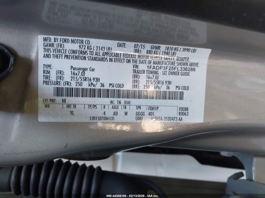 2015 Ford Focus Se VIN: 1FADP3F25FL338286 Lot: 44388105