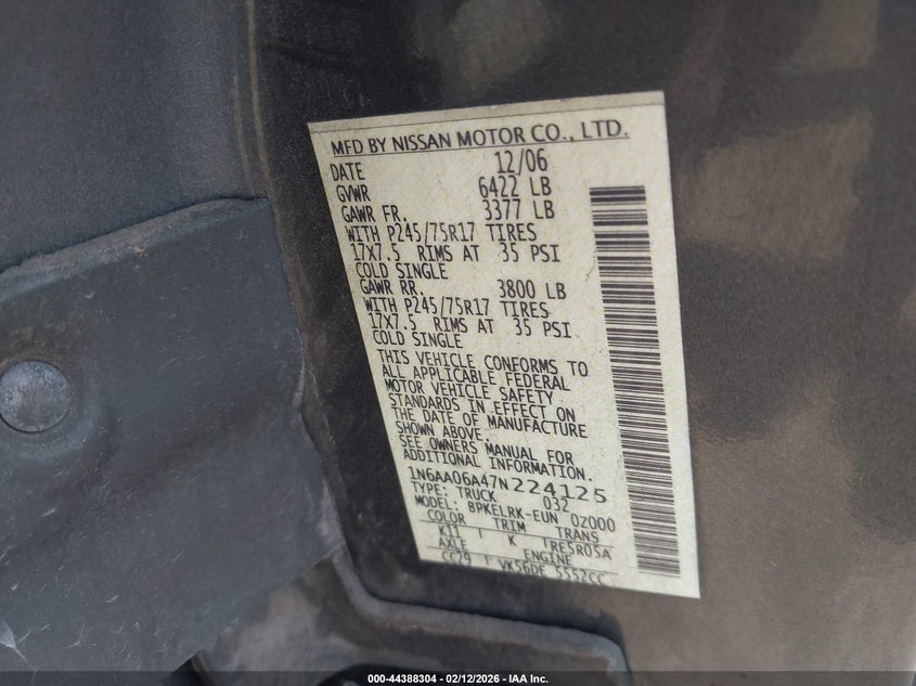 2007 Nissan Titan Xe VIN: 1N6AA06A47N224125 Lot: 44388304