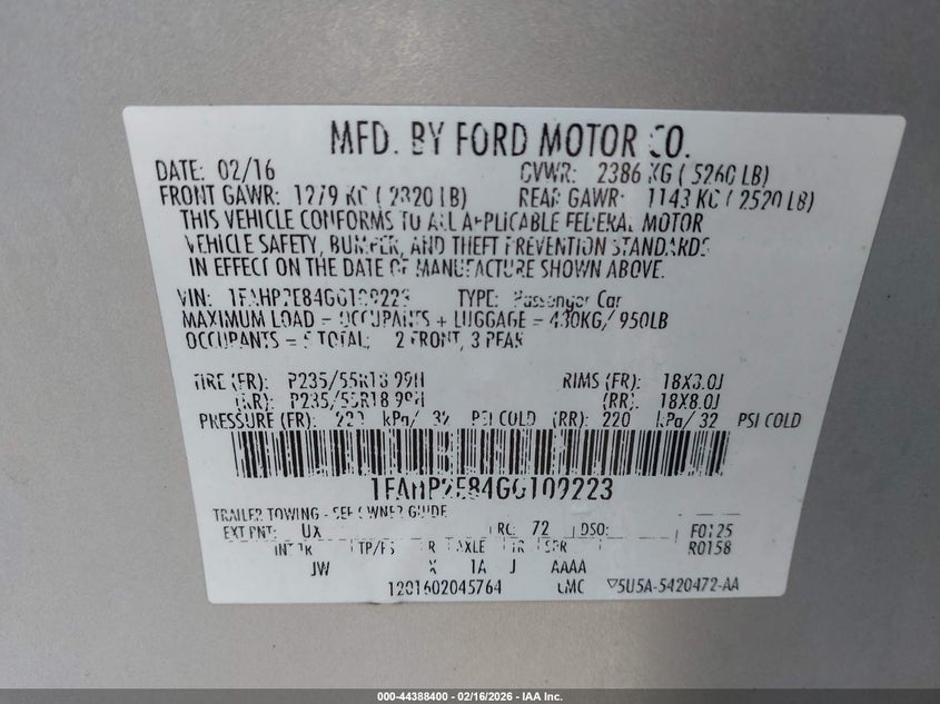 2016 Ford Taurus Sel VIN: 1FAHP2E84GG109223 Lot: 44388400