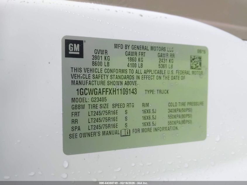 2017 Chevrolet Express 2500 Work Van VIN: 1GCWGAFFXH1109143 Lot: 44388749